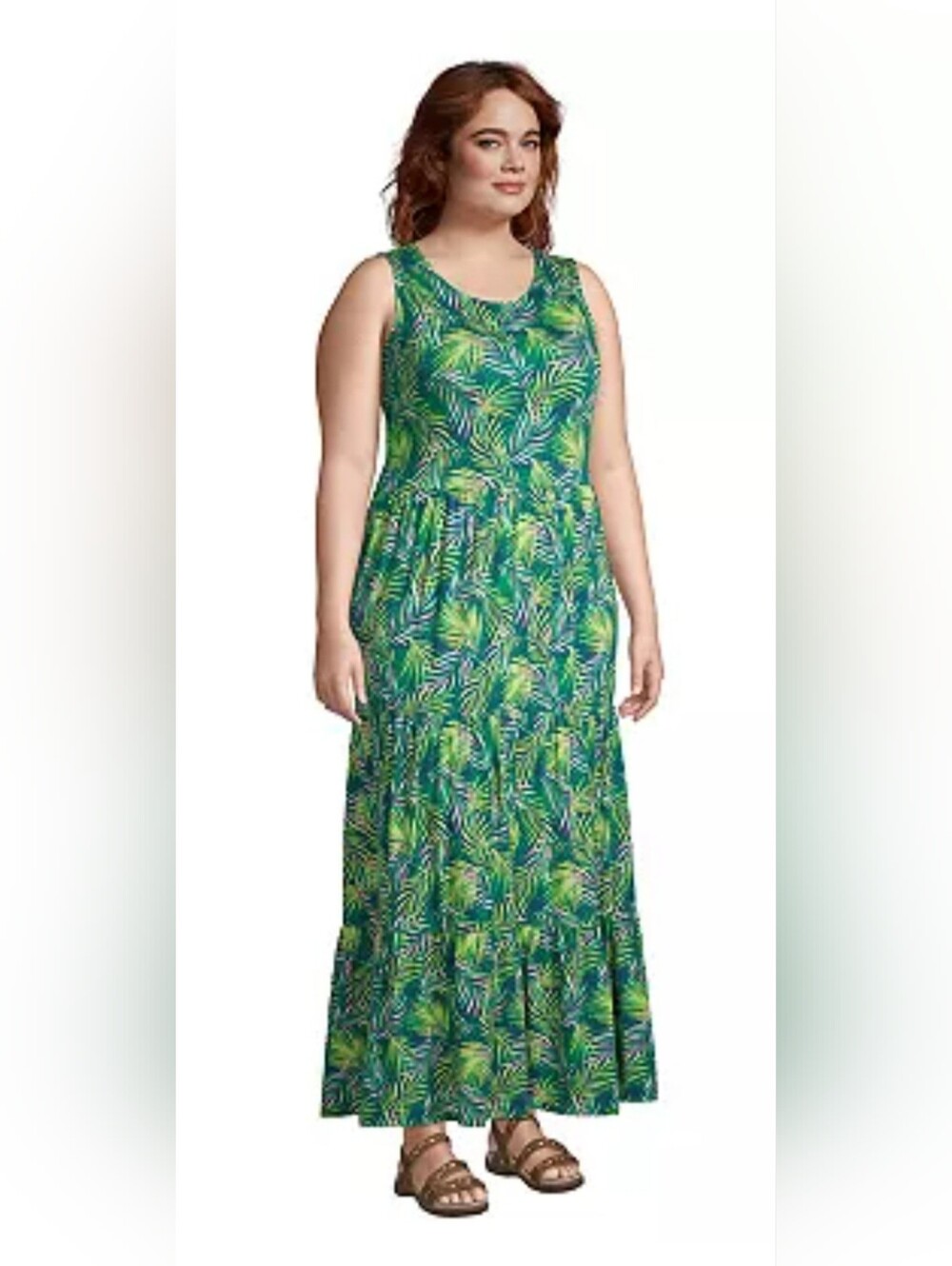 NWT Lands' End Green Tropical Leaf Print Sleeveless Maxi Dress - XL Tall